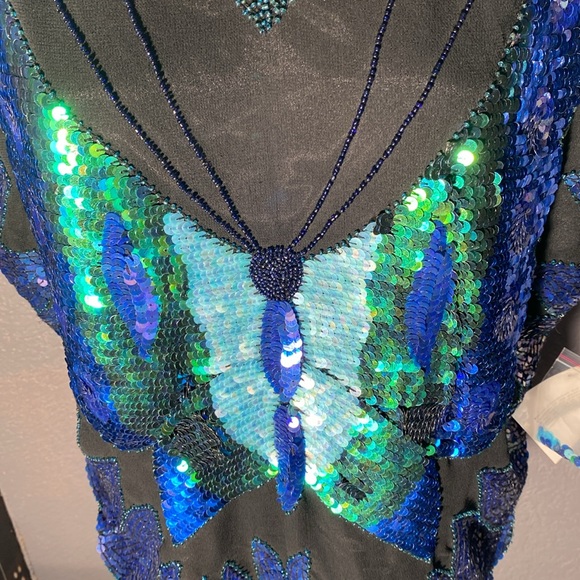 PHOOL - NWT - top: vintage black s/s sequins / butterfly, shldr pads, lining - L - Picture 12 of 16